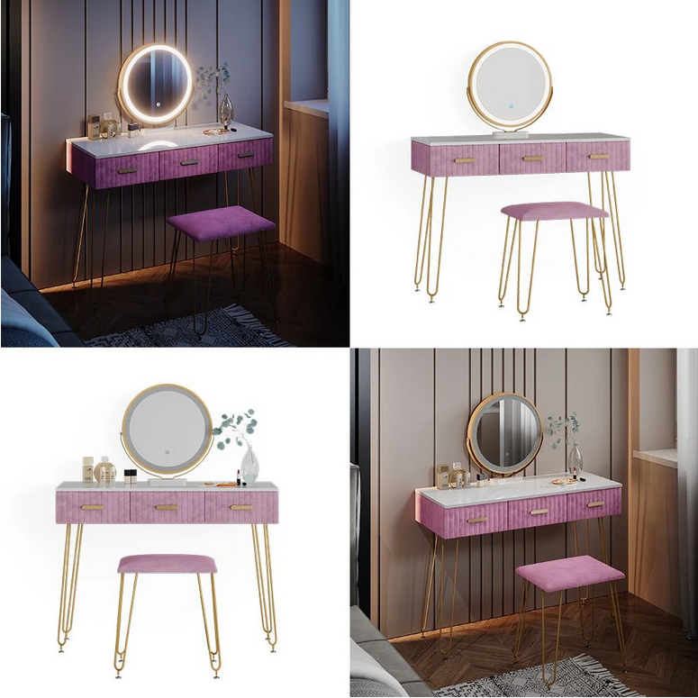 Stylowa i nowoczesna toaletka do makijażu z dużym lustrem, praktycznymi szufladami i wygodnym tapicerowanym siedziskiem – idealna do sypialni i organizacji kosmetyków