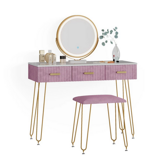 Stylowa i nowoczesna toaletka do makijażu z dużym lustrem, praktycznymi szufladami i wygodnym tapicerowanym siedziskiem – idealna do sypialni i organizacji kosmetyków