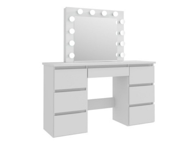 Elegancka toaletka w stylu Hollywood z dużym lustrem i oświetleniem – biała, z pojemnymi szufladami