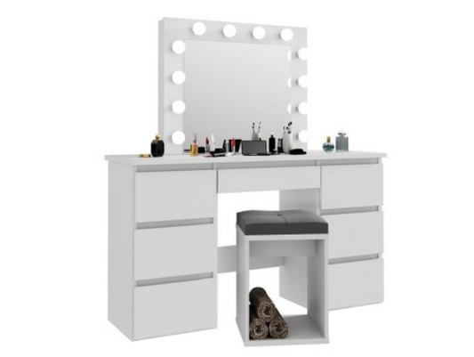 Elegancka toaletka w stylu Hollywood z dużym lustrem i oświetleniem – biała, z pojemnymi szufladami