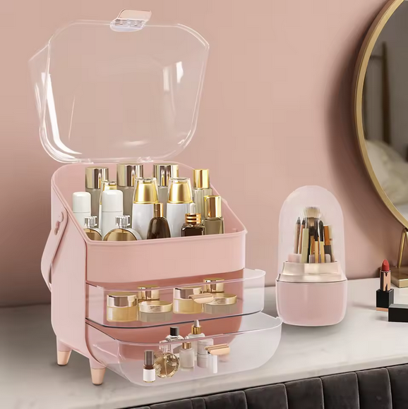 Przezroczysty Organizer na Kosmetyki 3-Poziomowy – Pyłoszczelny, Pojemny i Elegancki z Mini Stojakiem na Akcesoria