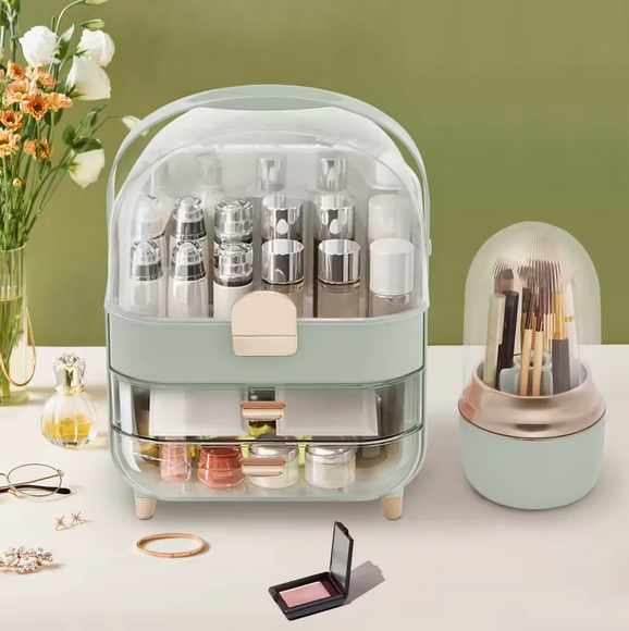 Przezroczysty Organizer na Kosmetyki 3-Poziomowy – Pyłoszczelny, Pojemny i Elegancki z Mini Stojakiem na Akcesoria