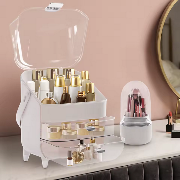 Przezroczysty Organizer na Kosmetyki 3-Poziomowy – Pyłoszczelny, Pojemny i Elegancki z Mini Stojakiem na Akcesoria