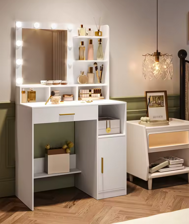 Toaletka z Lustrem LED, 3 Półkami, 4 Otwartymi Przegrodami i Szafką – Nowoczesny Stolik Makijażowy Premium