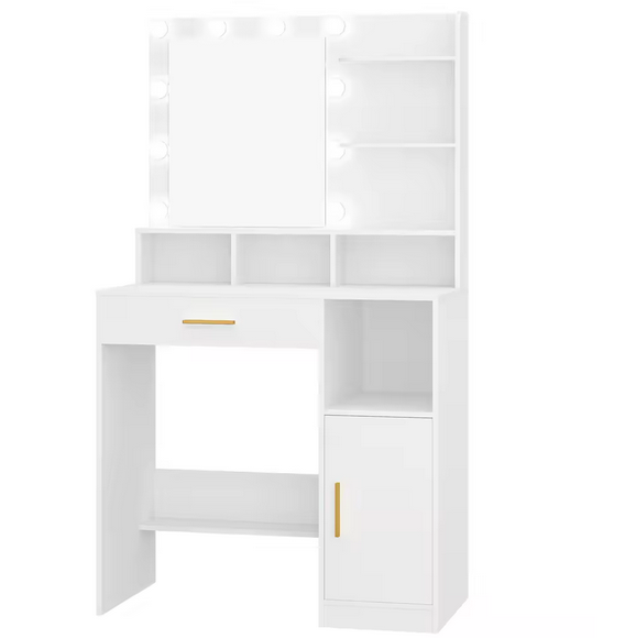 Toaletka z Lustrem LED, 3 Półkami, 4 Otwartymi Przegrodami i Szafką – Nowoczesny Stolik Makijażowy Premium