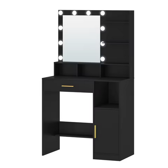 Toaletka z Lustrem LED, 3 Półkami, 4 Otwartymi Przegrodami i Szafką – Nowoczesny Stolik Makijażowy Premium