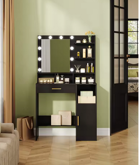 Toaletka z Lustrem LED, 3 Półkami, 4 Otwartymi Przegrodami i Szafką – Nowoczesny Stolik Makijażowy Premium