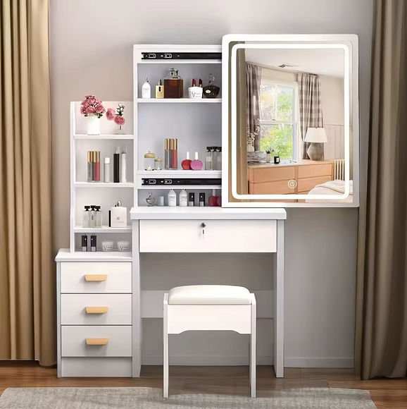 Toaletka z Przesuwnym Lustrem LED, 4 Szufladami i 6 Ukrytymi Półkami – Profesjonalne Centrum Makijażu w Twoim Pokoju