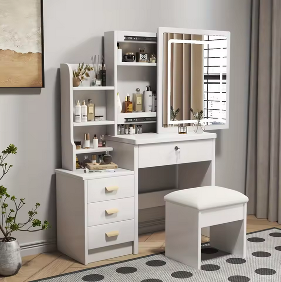 Toaletka z Przesuwnym Lustrem LED, 4 Szufladami i 6 Ukrytymi Półkami – Profesjonalne Centrum Makijażu w Twoim Pokoju