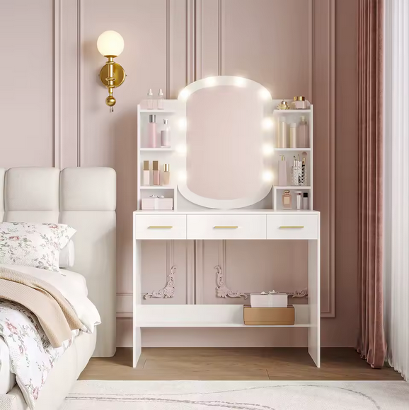 Toaletka kosmetyczna z owalnym lustrem LED, 3 szufladami i otwartymi półkami – biała, model organizacyjny