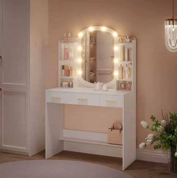 Toaletka kosmetyczna z owalnym lustrem LED, 3 szufladami i otwartymi półkami – biała, model organizacyjny