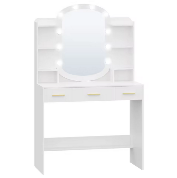 Toaletka kosmetyczna z owalnym lustrem LED, 3 szufladami i otwartymi półkami – biała, model organizacyjny