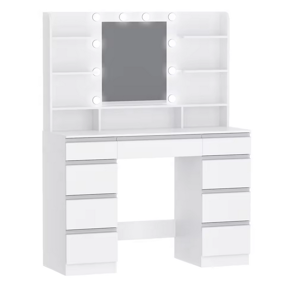 Nowoczesna Toaletka z Dużym Lustrem LED, Licznymi Schowkami i Eleganckim Wykończeniem – Idealna do Makijażu i Organizacji Kosmetyków