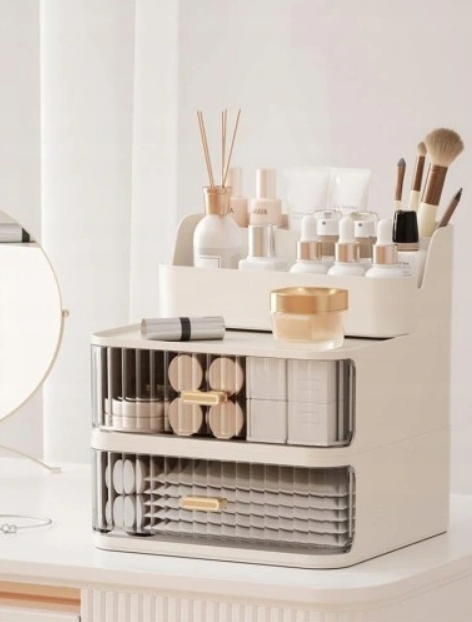 Elegancki organizer kosmetyczny z podwójną szufladą – idealny porządek na Twojej toaletce