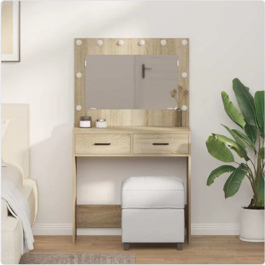 Toaletka z Lustrem LED  – Nowoczesna Konsola z Szufladami i Przegródkami na Kosmetyki